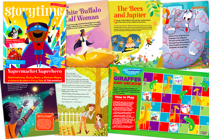 kids magazine subscriptions, magazine subscriptions for kids, storyime magazine, issue 34, supermarket superhero, white buffalo calf woman